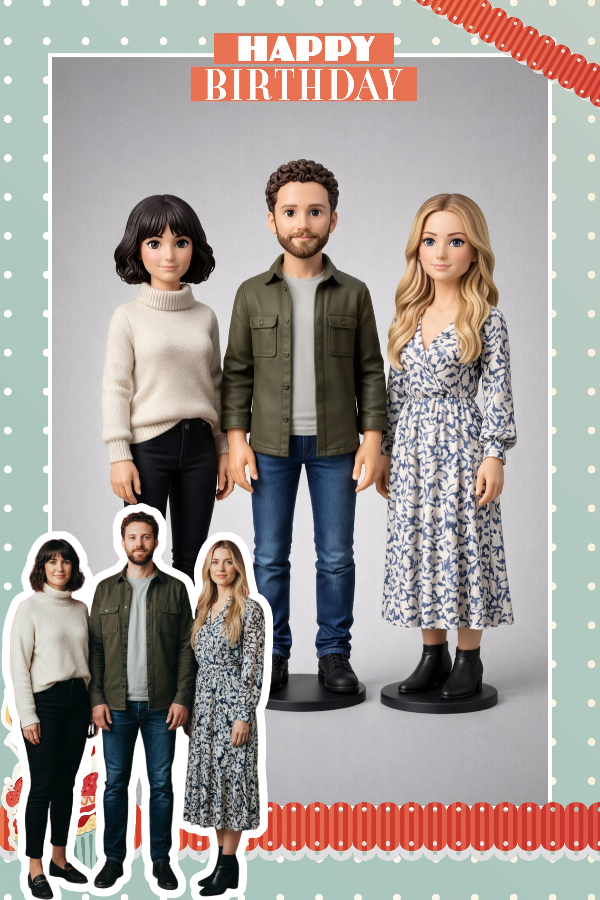 Three guests as collectible figures inside a happy birthday frame