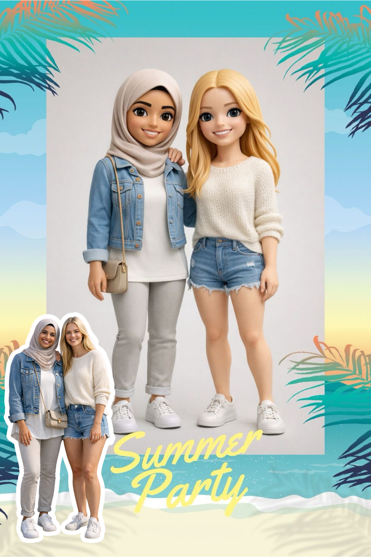 Two guests as 3D cartoon figures inside a summer party frame