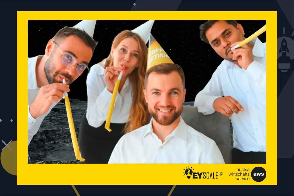 Branded print with four guests against a dark background