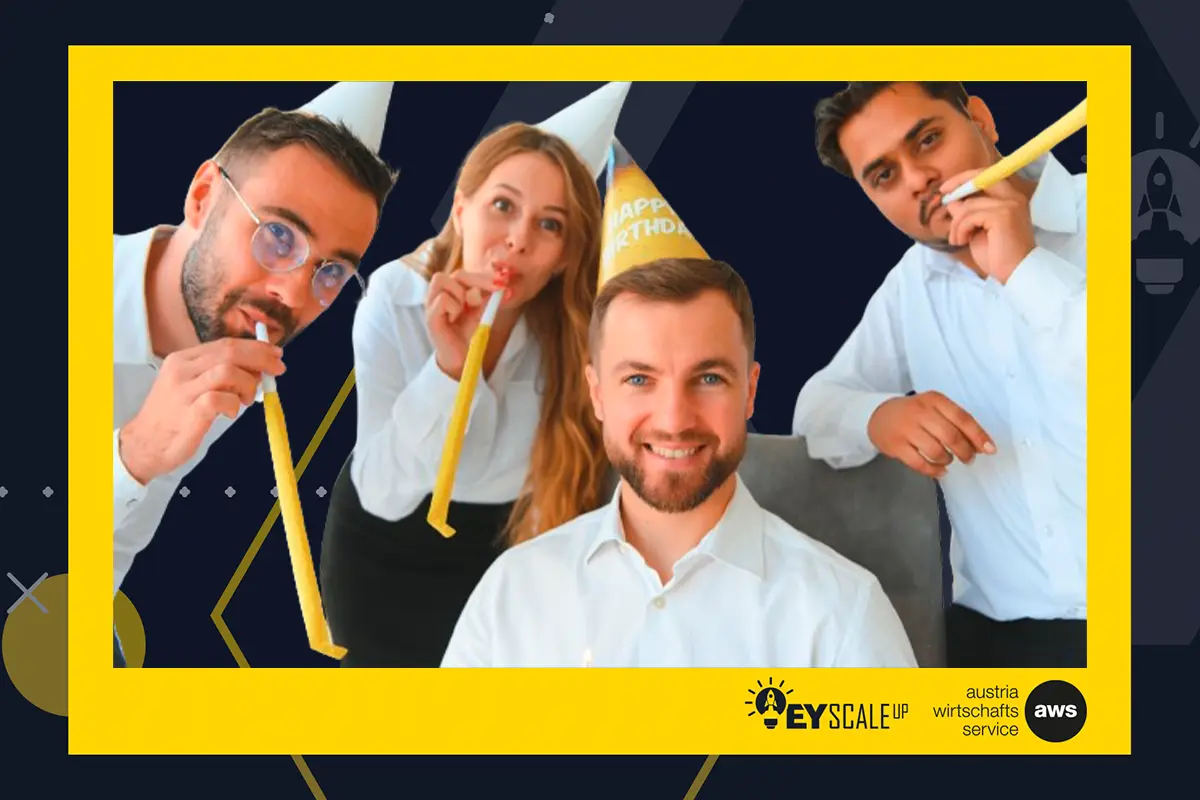 Branded print with four guests against a dark blue background