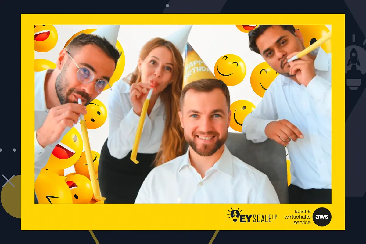 Branded print with four guests against an emoji background