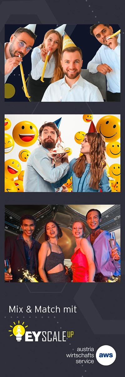 Photo strip with three guest photos in corporate branding