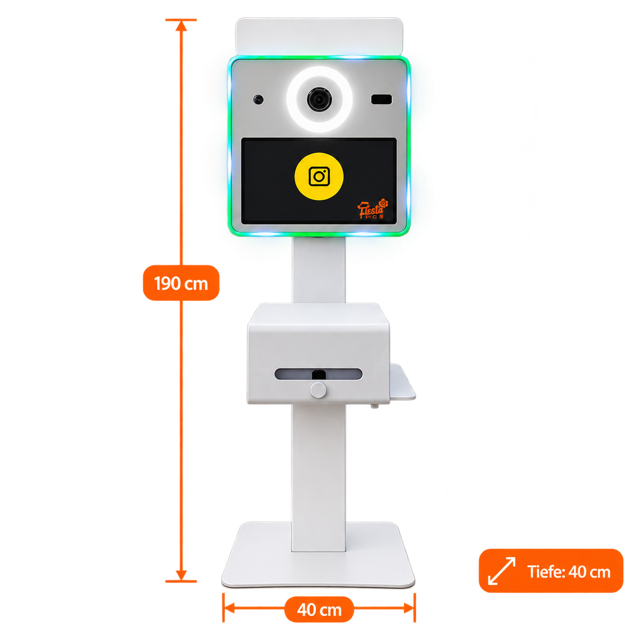 Maßzeichnung der Fotobox Classic: 40 cm breit, 40 cm tief, 190 cm hoch