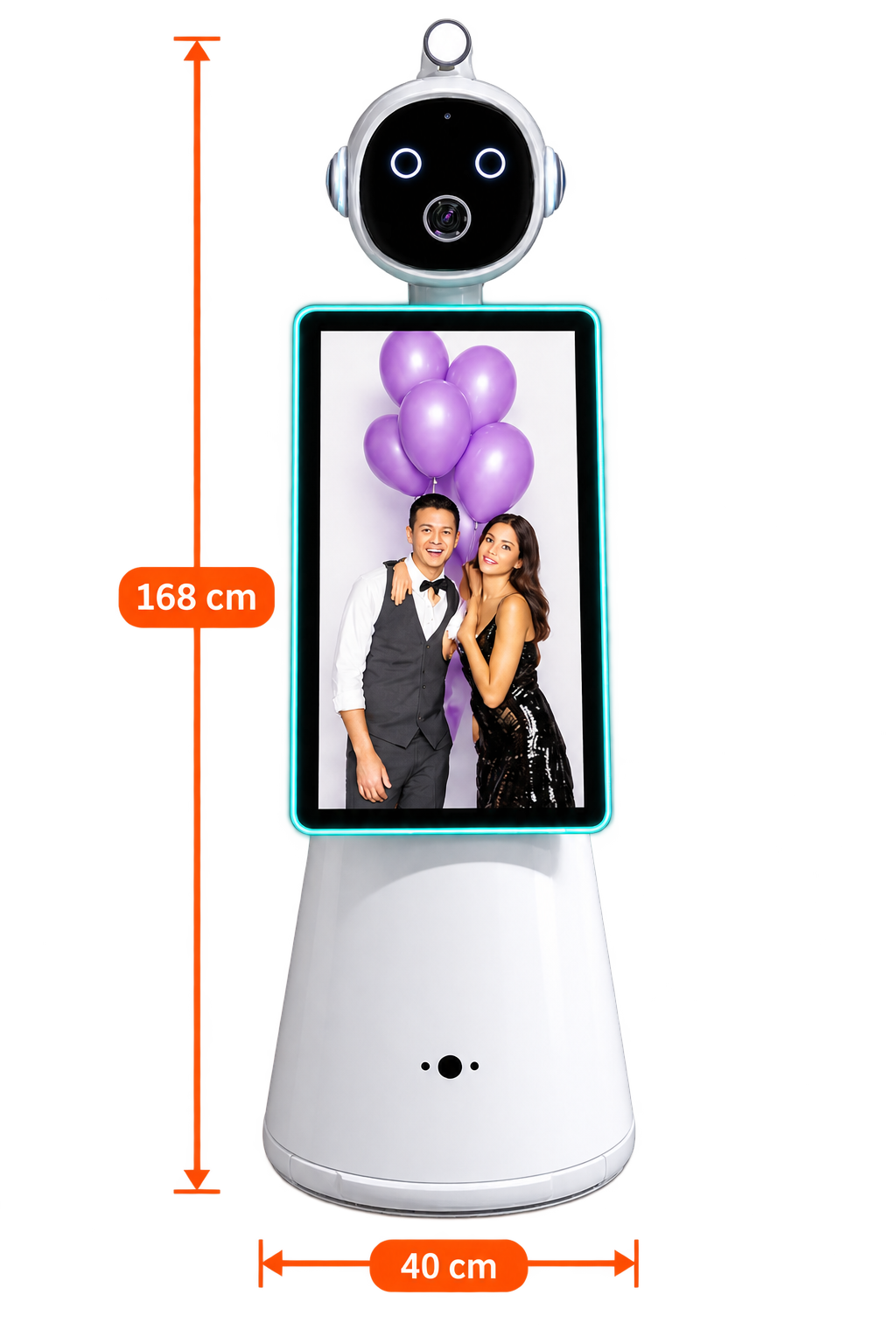 Dimension drawing of the AI photo booth robot LUNA: 40 cm wide, 30 cm deep, 168 cm high