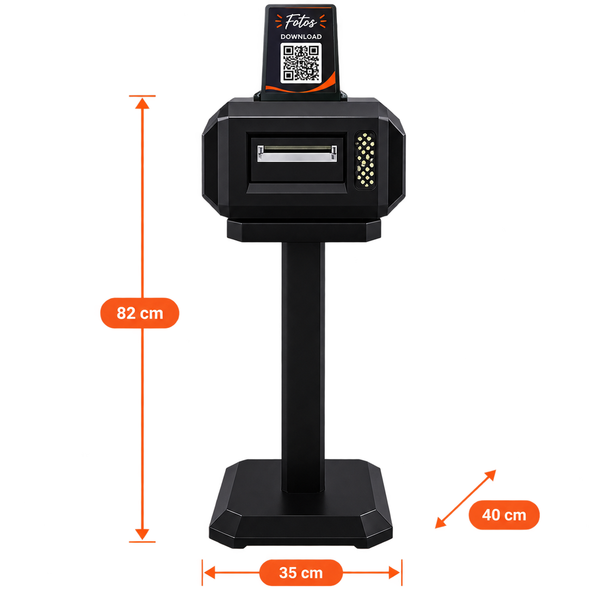 Dimension drawing of the AI Guest Booth: printer 35 cm wide, 40 cm deep, 82 cm high