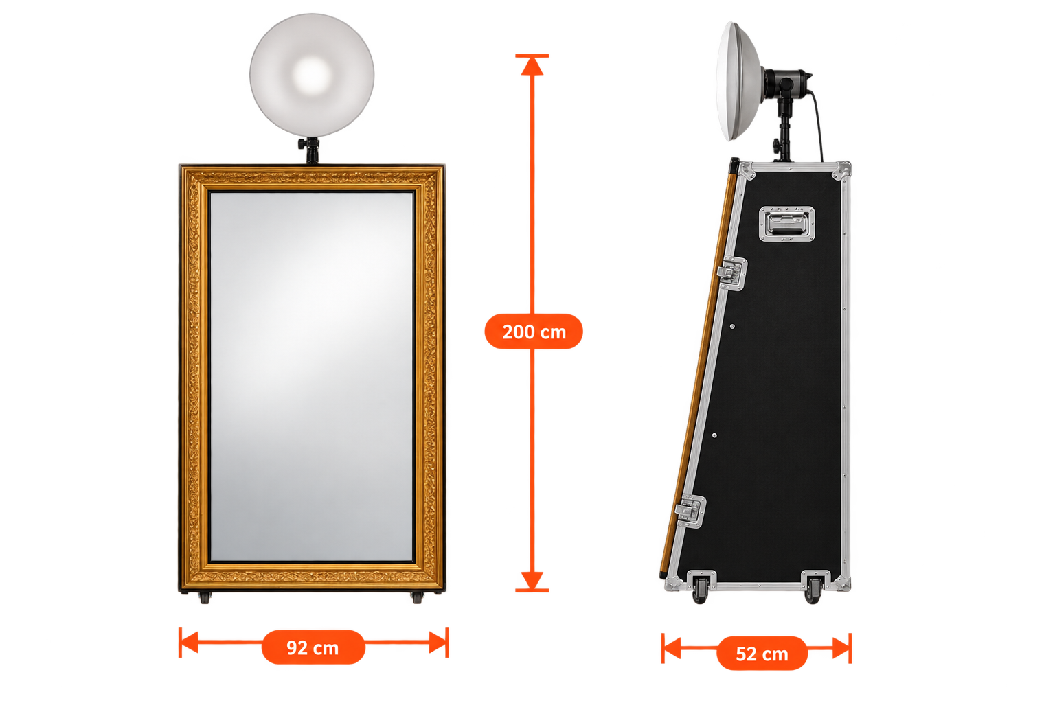 Dimension drawing of the Magic Mirror Retro: 92 cm wide, 52 cm deep, 200 cm high