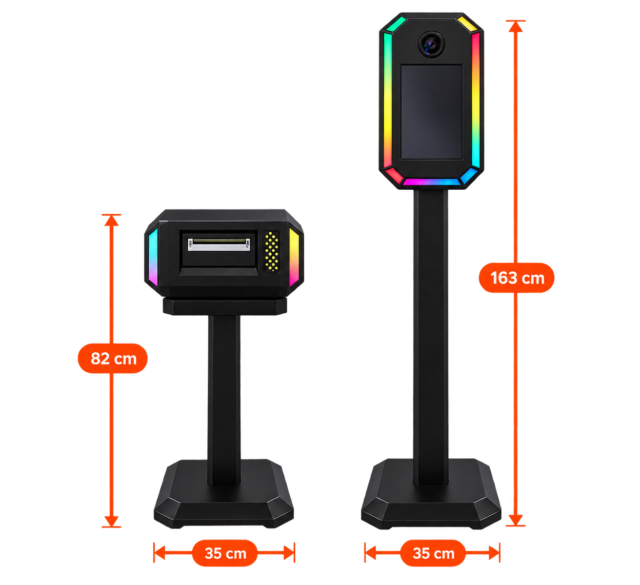 Dimension drawing of the AI Photobooth: photo booth column 35 cm wide and 163 cm high, printer stand 35 cm wide and 82 cm high