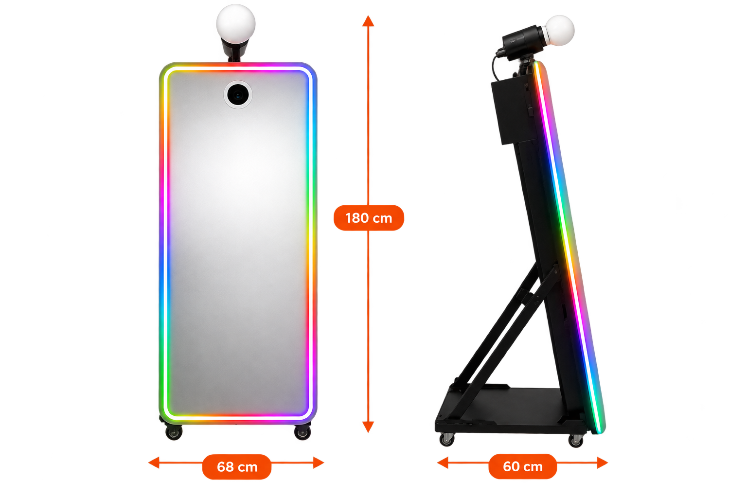 Dimension drawing of the Magic iMirror: 68 cm wide, 60 cm deep, 180 cm high