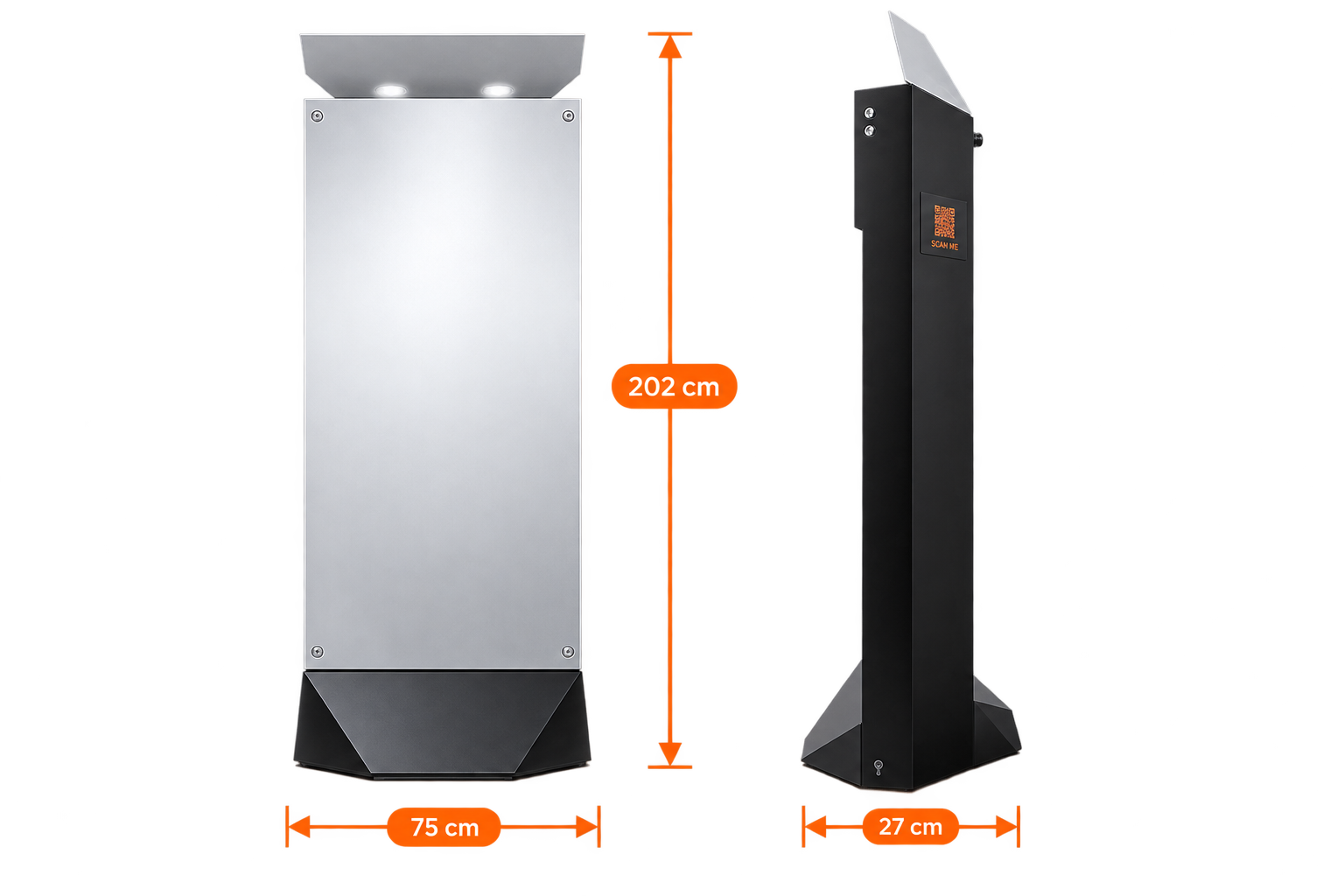 Maßzeichnung des Magic Mirror X: 75 cm breit, 27 cm tief, 202 cm hoch