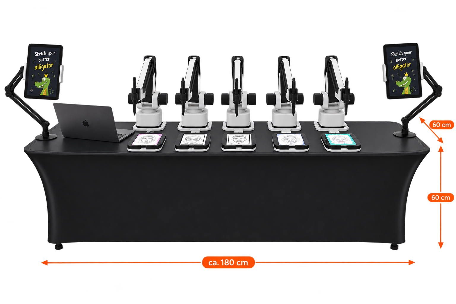 Dimension drawing of the AI Sketcher: table approx. 180 cm wide, 60 cm deep and 60 cm high, with five drawing robots on top