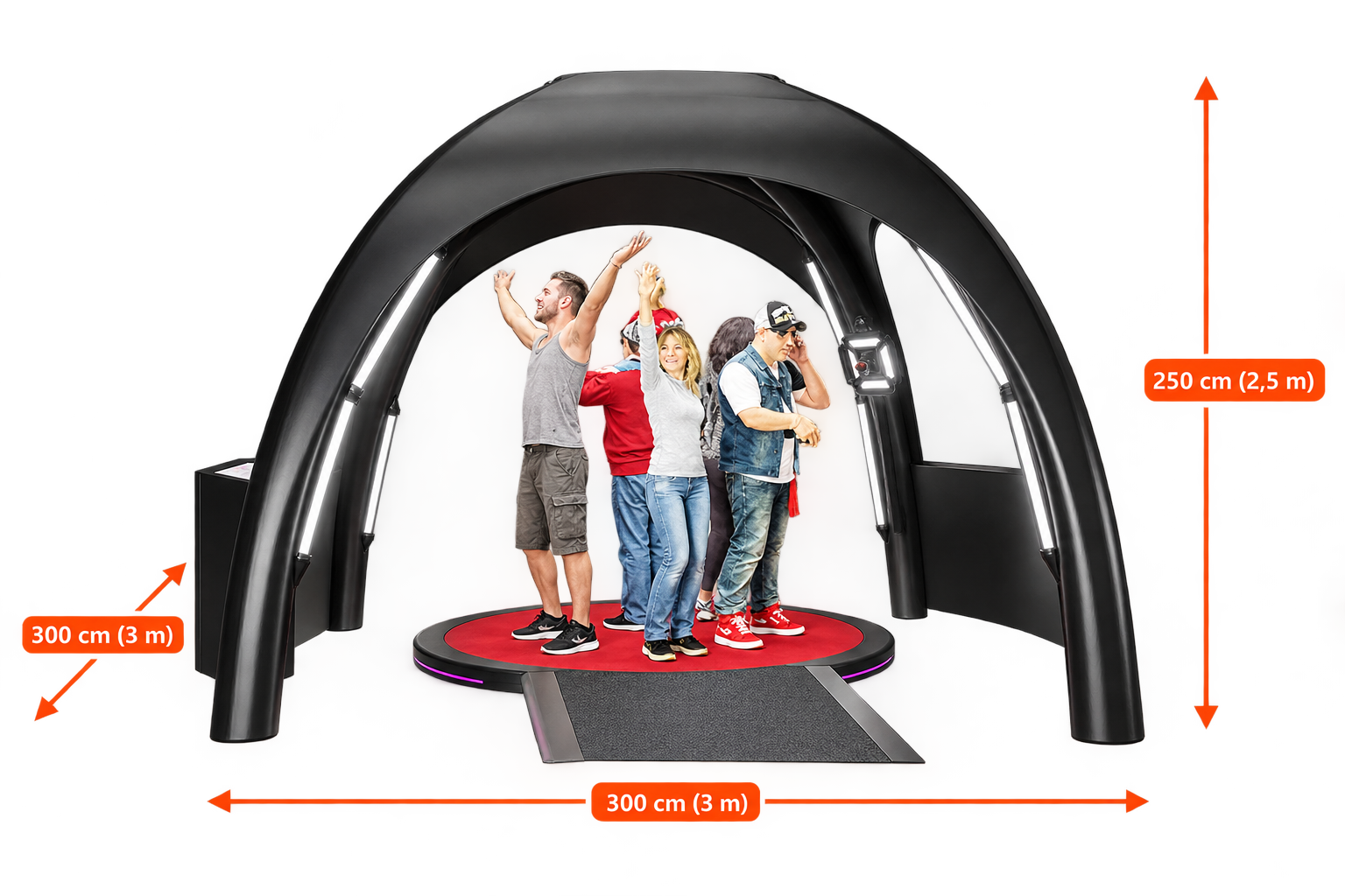 Dimension drawing of the 360° Videobooth with arch frame and camera arm – around 3 m wide, 3 m deep and 3 m high