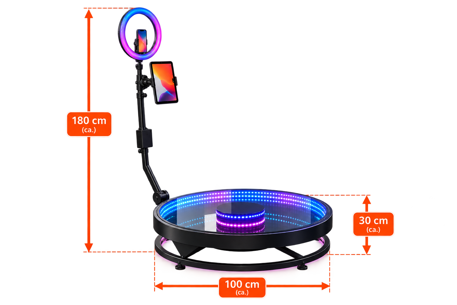 Dimension drawing of the 360° Ground Spinner: platform at least 100 cm in diameter, overall height around 180 cm, footprint around 200 cm