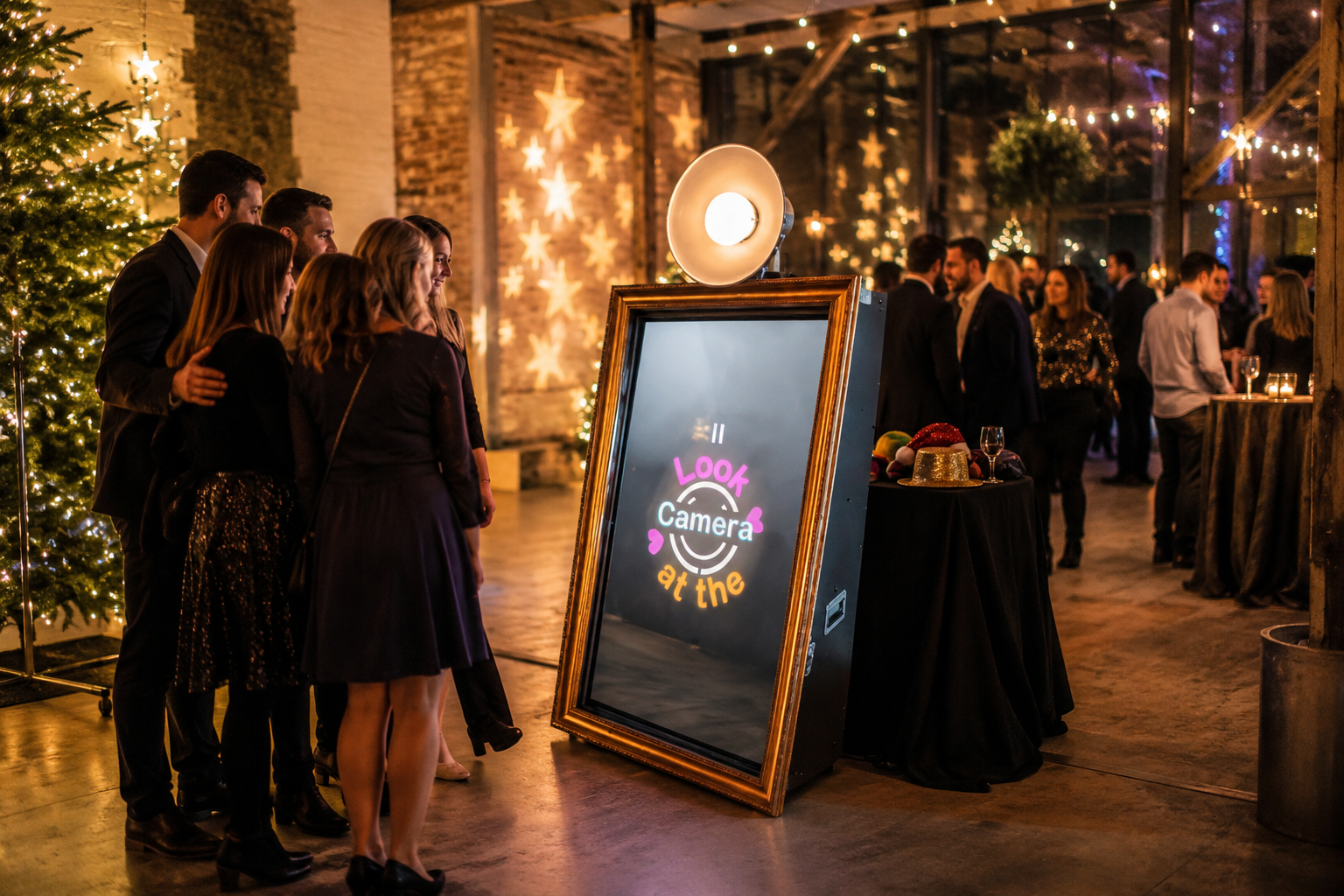 Magic Mirror at a Christmas party with fairy lights and a Christmas tree, guests in front of it