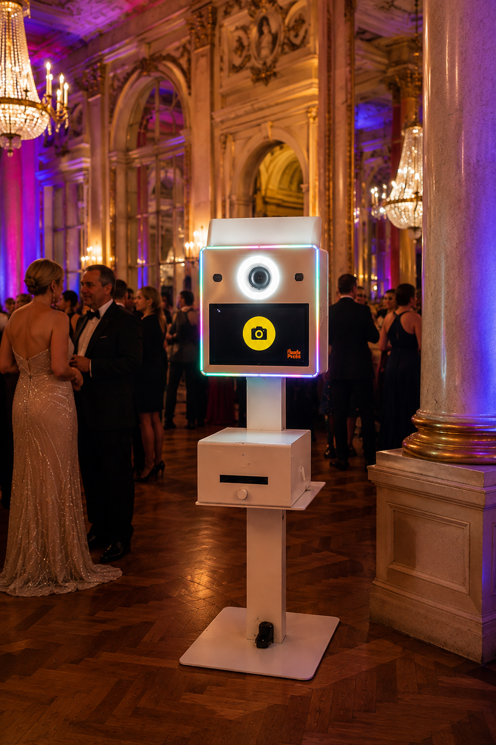Fotobox mit beleuchtetem Kameraring in einem Wiener Ballsaal, Gäste in Abendgarderobe