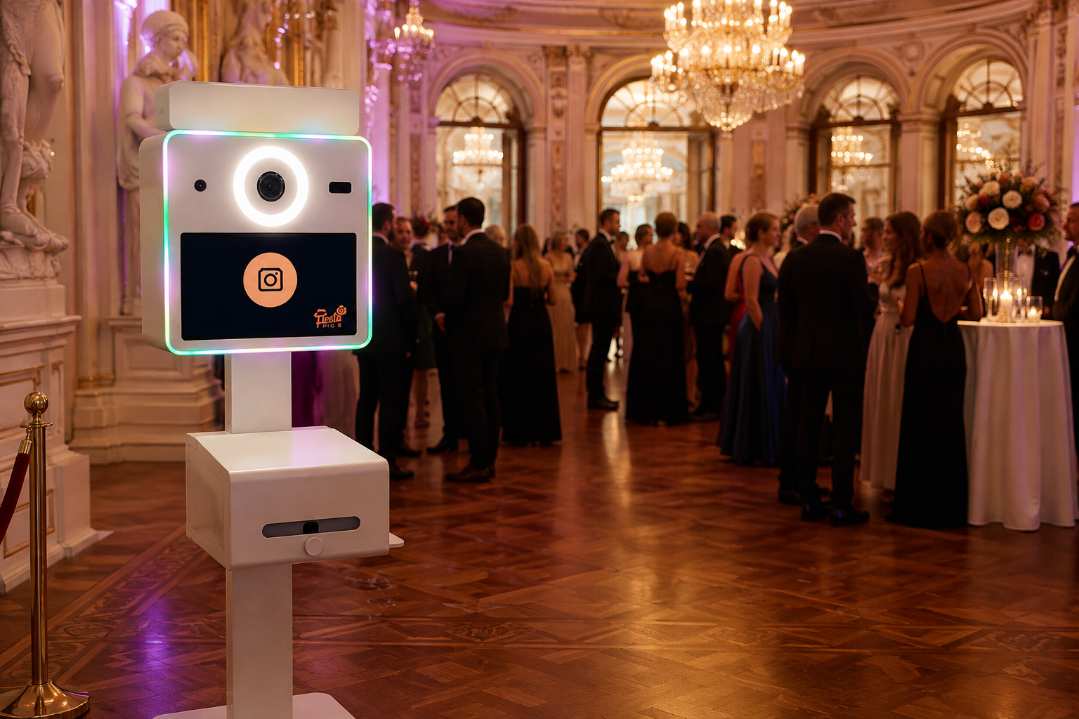 Fotobox im Ballsaal mit Kronleuchtern, Ballgäste in Abendgarderobe im Hintergrund