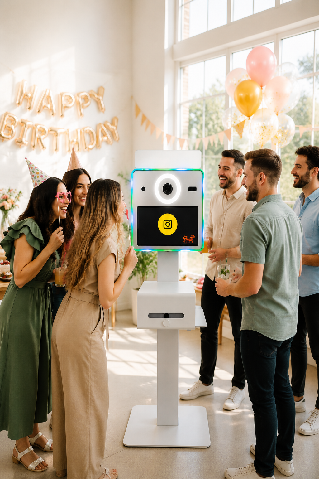 Fotobox neben Happy-Birthday-Ballons, Gäste warten auf ihr Foto