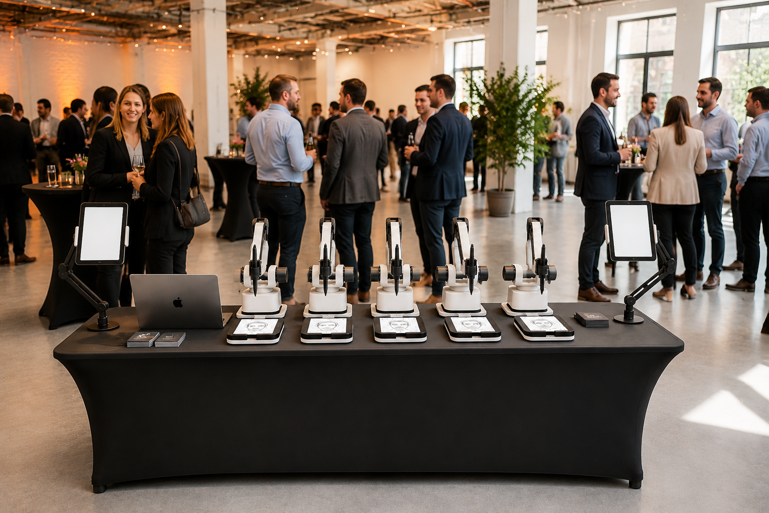 Reihe von Fotostationen auf einer Theke in einer Eventlocation, Gäste in Businesskleidung