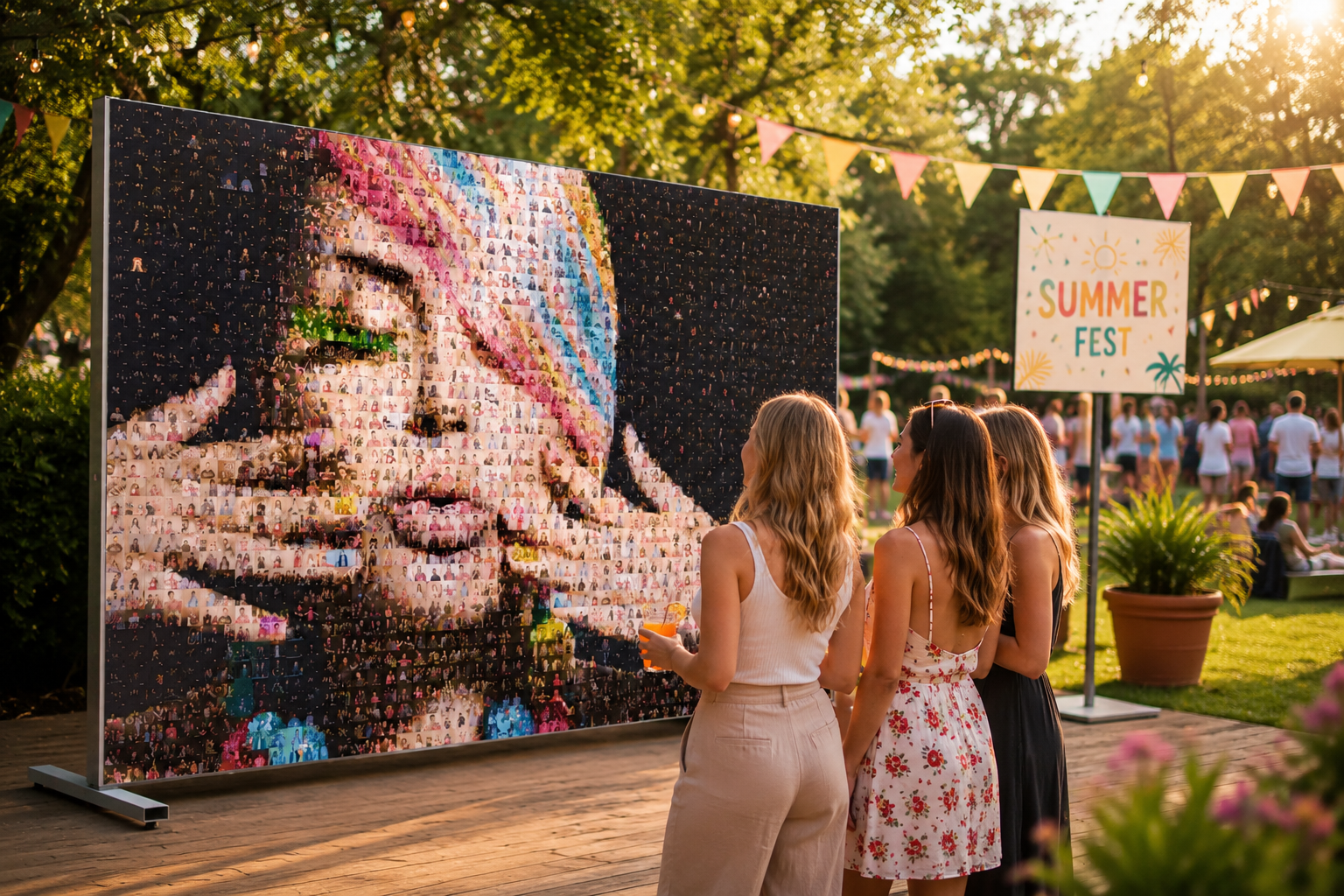 Photo Mosaic Wall in a garden at a summer party with guests looking at the mosaic