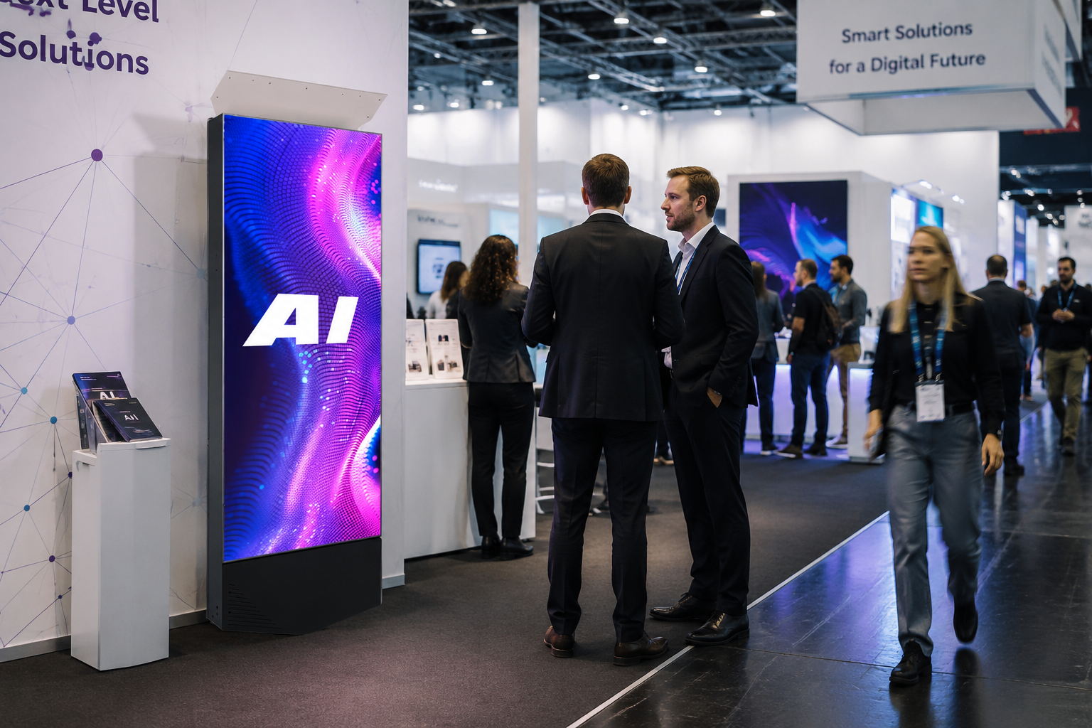 Photo station on a trade fair stand in an exhibition hall with visitors in business attire