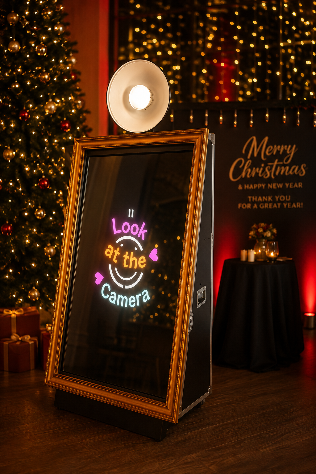 Magic Mirror im Goldrahmen vor einem geschmückten Christbaum