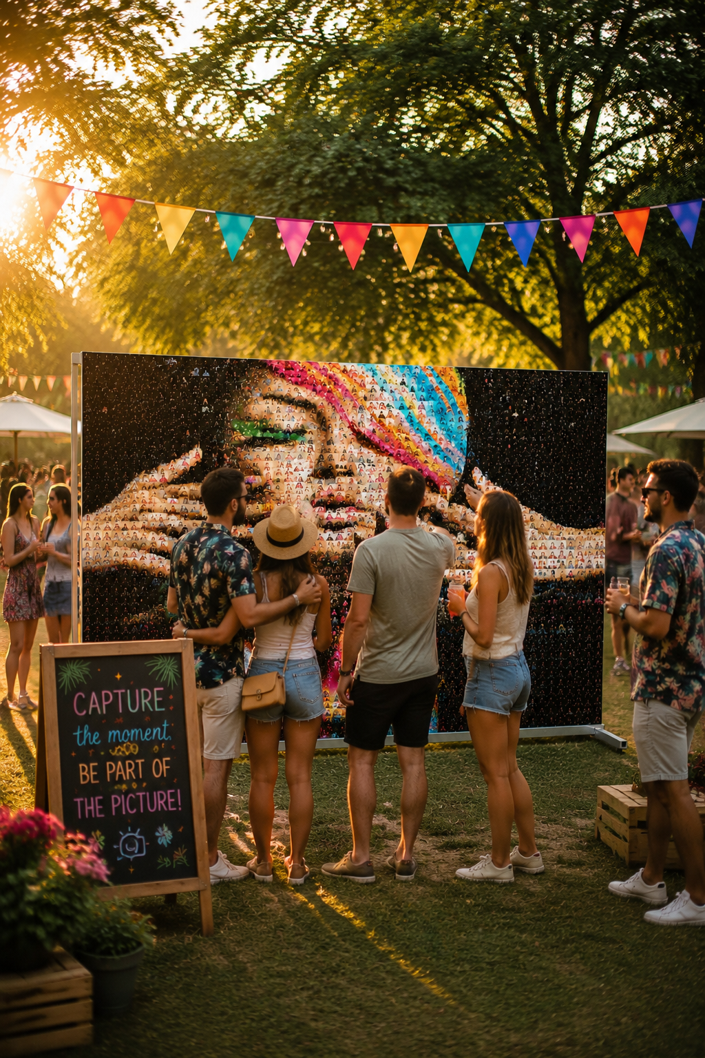 Gäste machen ein Selfie an der Fotobox bei einem Sommerfest im Garten