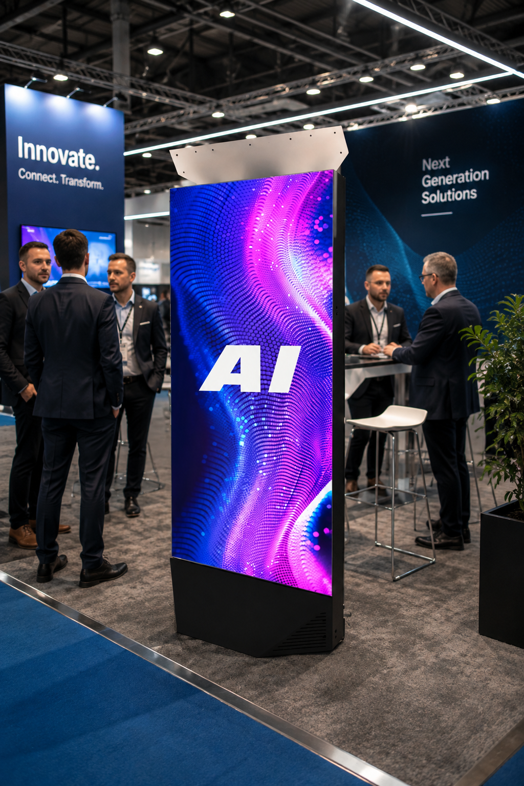 Fotostation mit KI-Motiv auf einem Messestand, Besucher im Gespräch