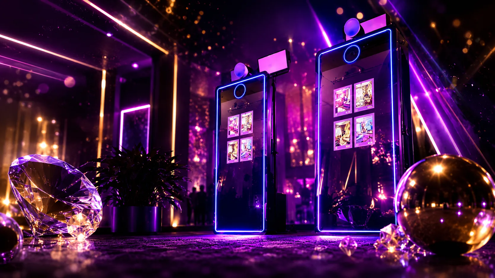 Zwei AI Magic Tower mit violett leuchtendem Rahmen in einer festlich beleuchteten Eventlocation