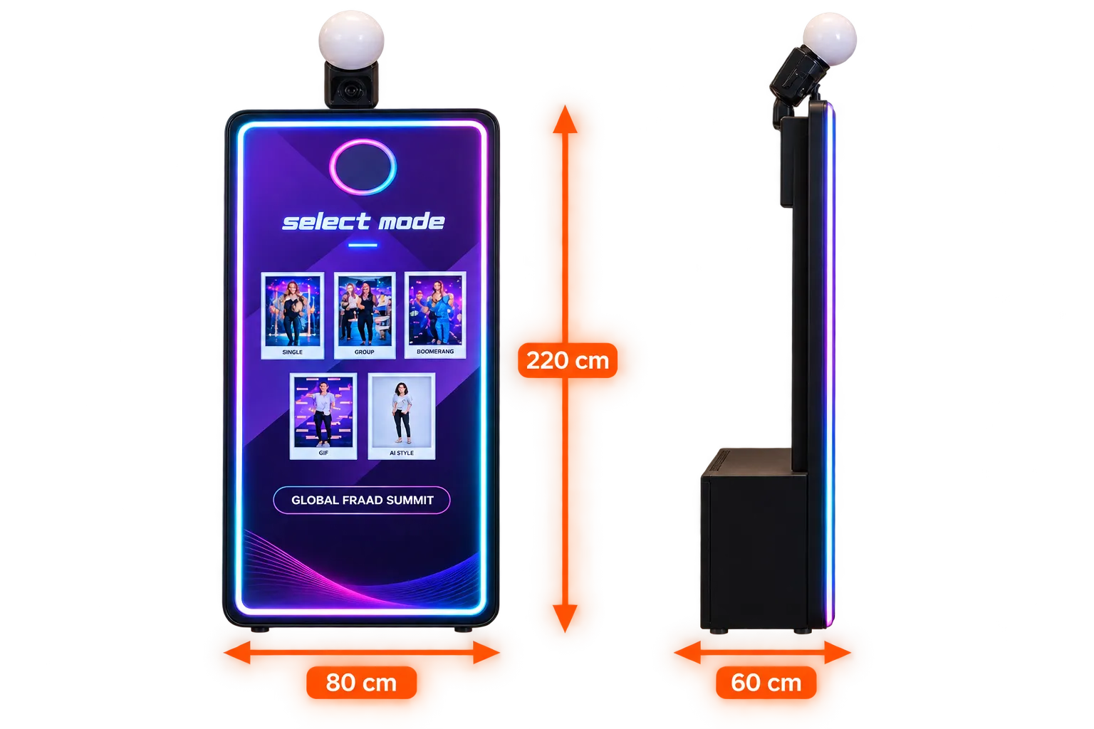 Maßzeichnung des AI Magic Tower: 80 cm breit, 60 cm tief, 220 cm hoch