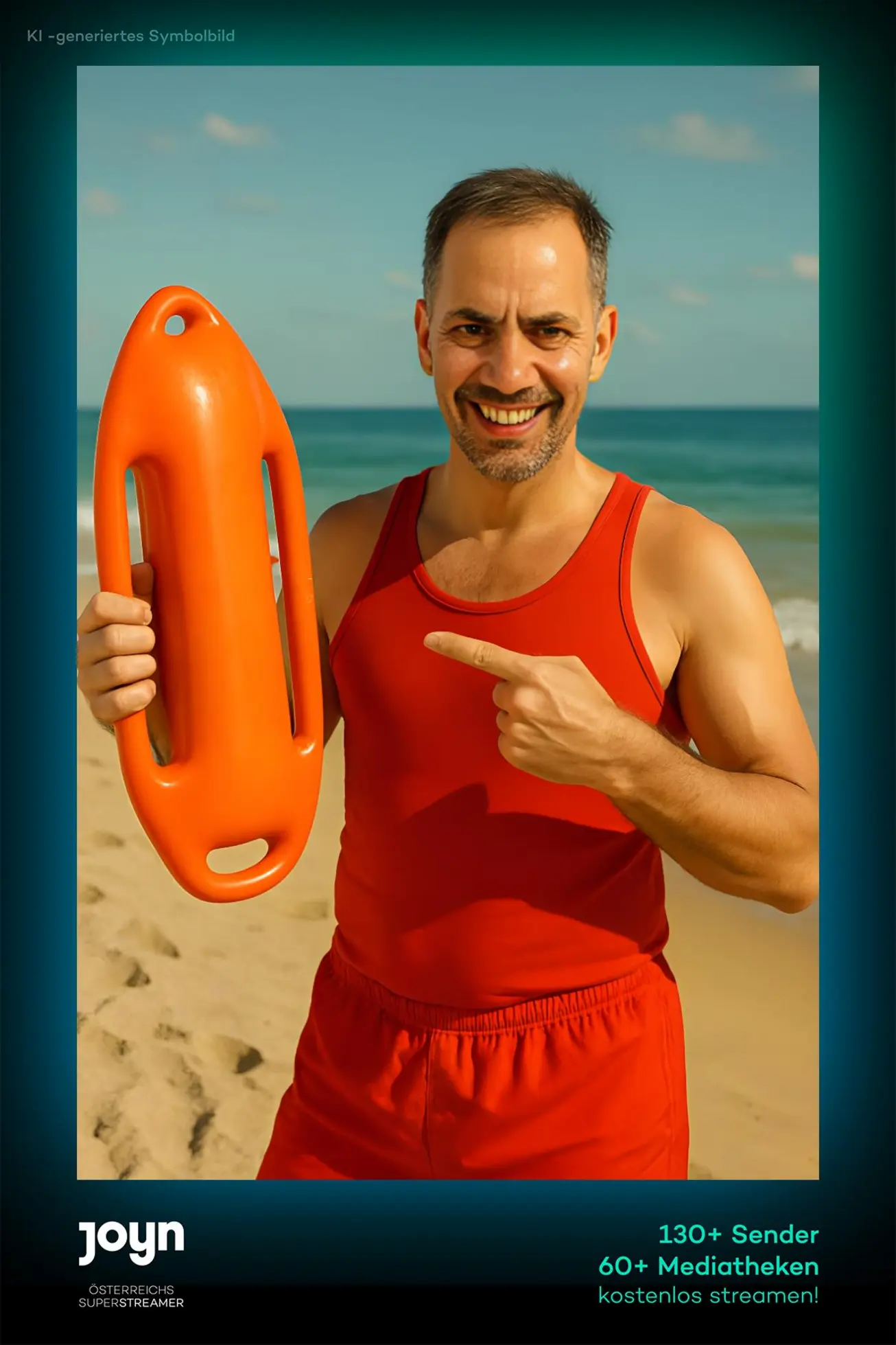 KI-Ergebnis im Joyn-Drucklayout: ein Besucher im Rettungsschwimmer-Look mit Rettungsboje am Strand