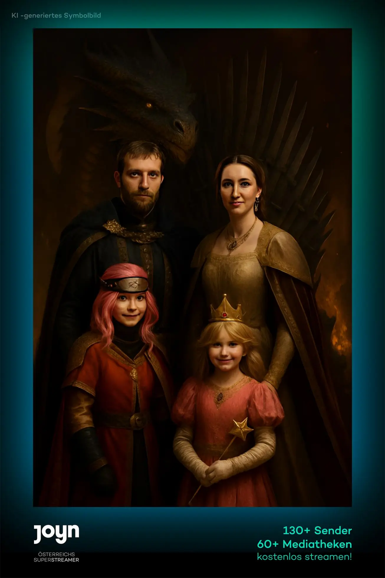 KI-Ergebnis im Joyn-Drucklayout: eine Familie als Fantasy-Königsfamilie mit Drache im Hintergrund