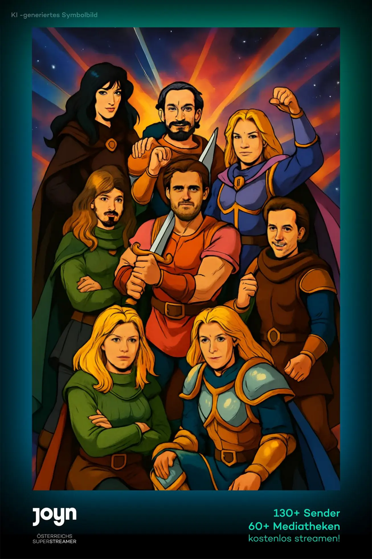 KI-Ergebnis im Joyn-Drucklayout: eine Besuchergruppe als gezeichnete Comic-Heldentruppe