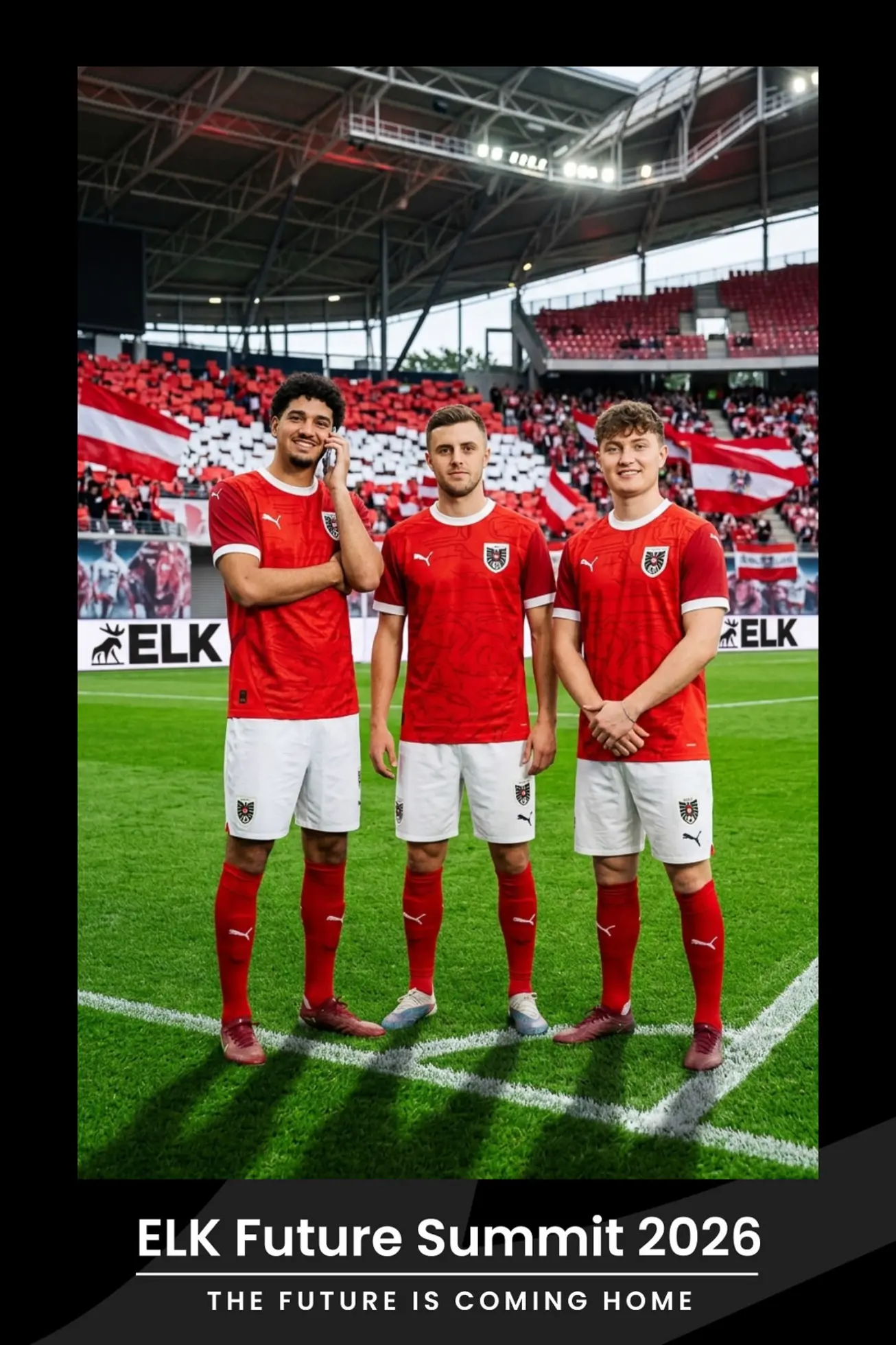 AI-Szene: drei Gäste als Fußballer im Stadion mit ELK-Banden, im Summit-Layout