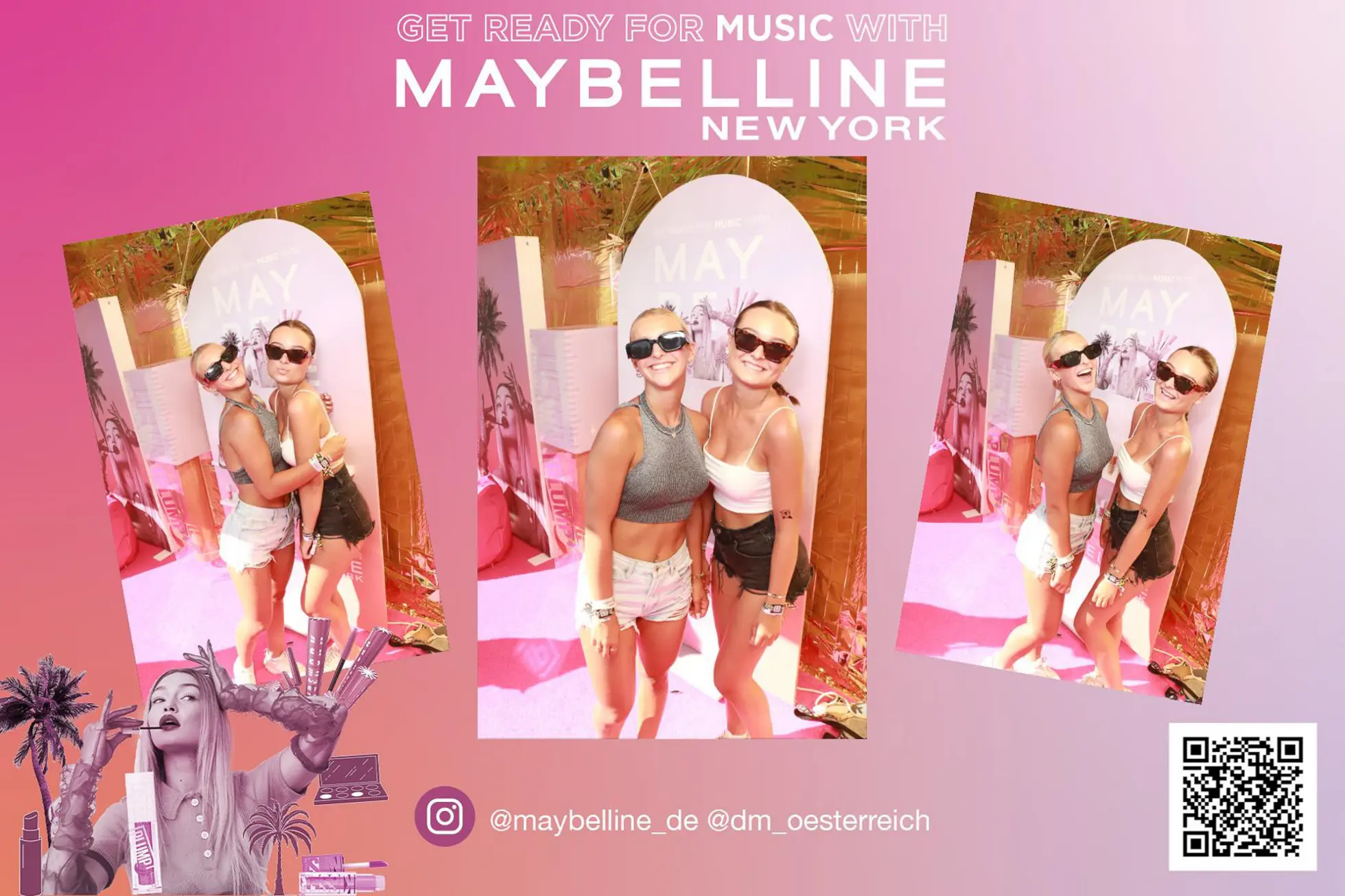 Gedrucktes Querformat-Layout mit drei Festivalfotos, Maybelline-Schriftzug und QR-Code