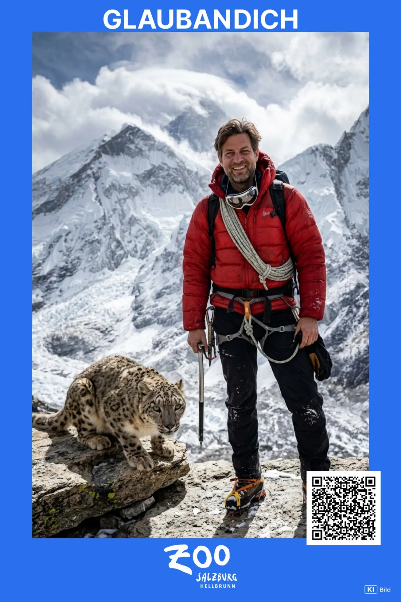 KI-Ergebnis aus der Fotobox: Gast in roter Daunenjacke im Himalaya, neben ihm ein Schneeleopard auf einem Felsen