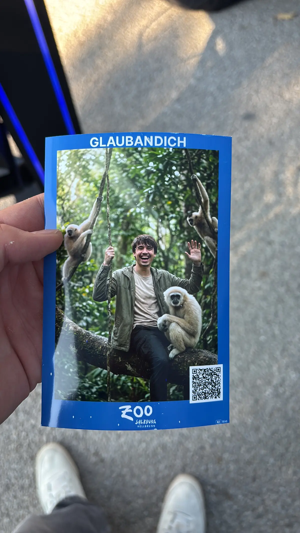 10x15-Ausdruck in der Hand: KI-Motiv mit Weißhandgibbons, QR-Code und Logo des Zoo Salzburg
