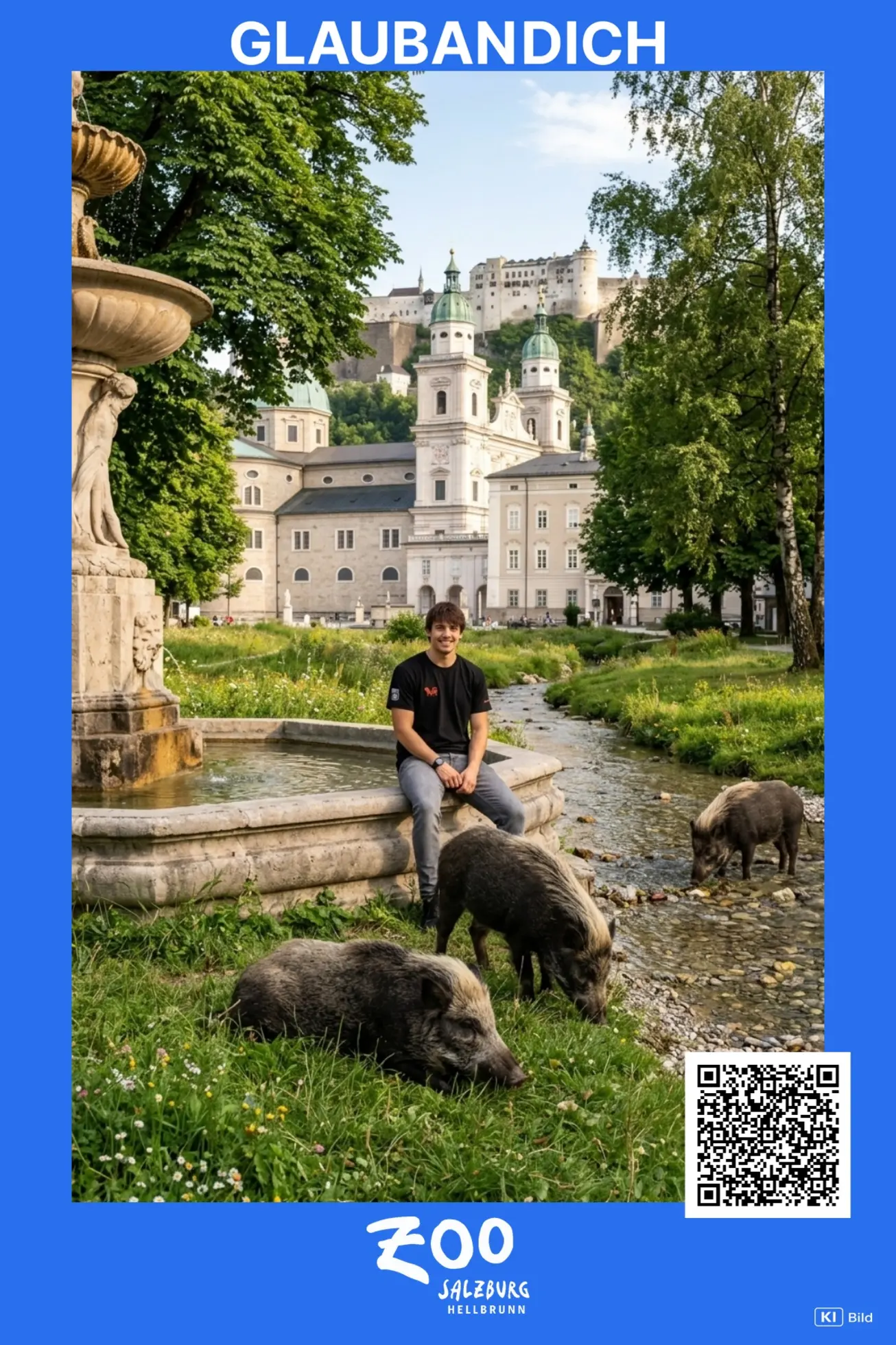 KI-Ergebnis aus der Fotobox: Gast am Brunnen des verwilderten Salzburger Residenzplatzes mit Pustelschweinen, im Hintergrund Dom und Festung