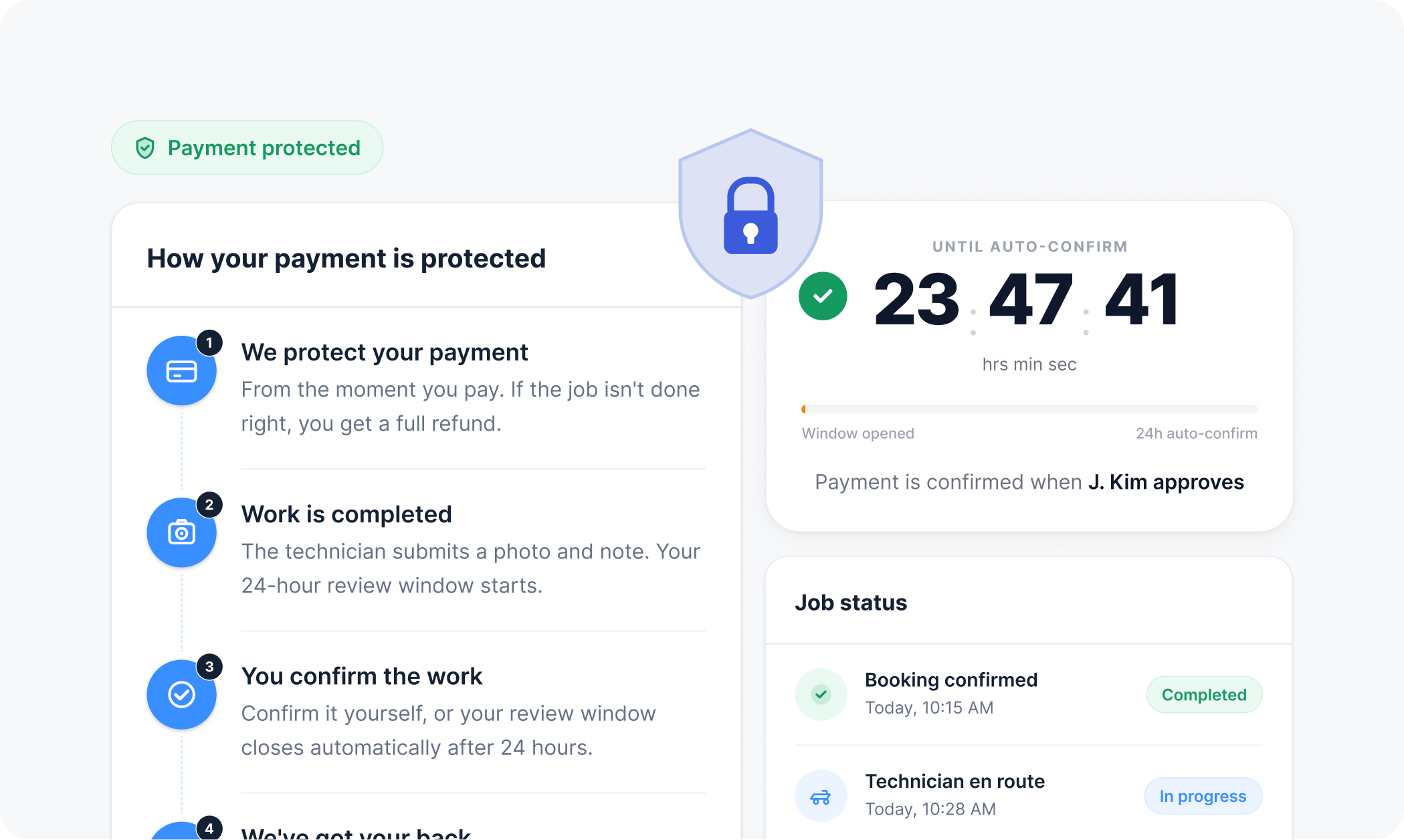 A customer confirming a completed job so the held payment is released