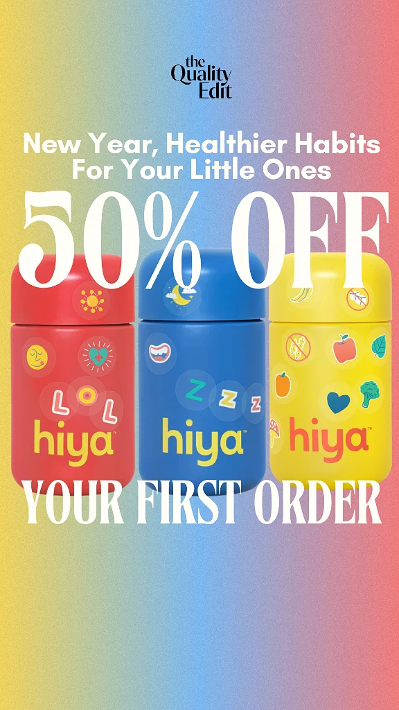 Three colorful Hiya kids’ oral care containers with 50% off text on gradient background.