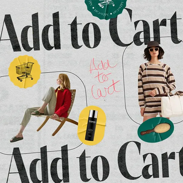 Collage with text 'Add to Cart,' women modeling apparel, shopping cart icon, skincare bottle, and hairbrush.