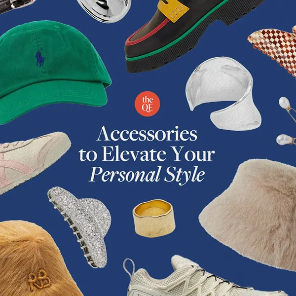 Collage of accessories and shoes around text 'Accessories to Elevate Your Personal Style' on blue background.