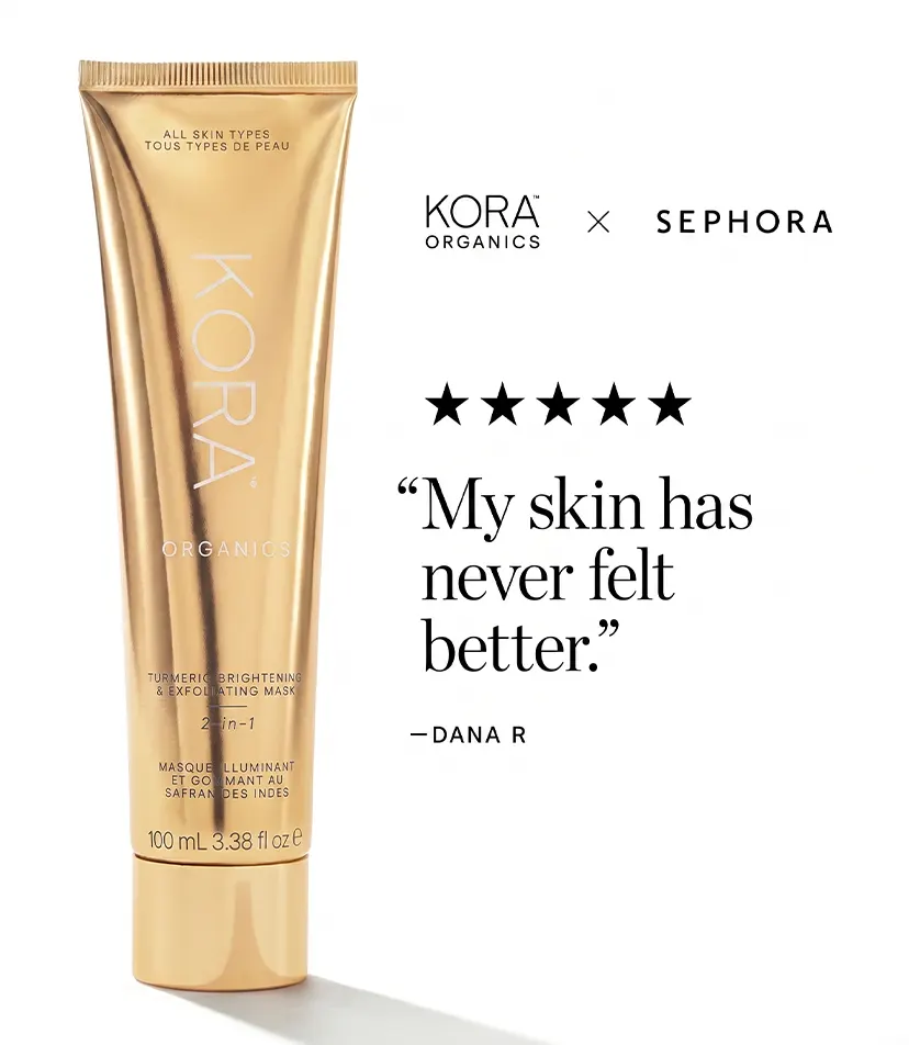 Gold tube of Kora Organics turmeric brightening mask with a 5-star review from Dana R.