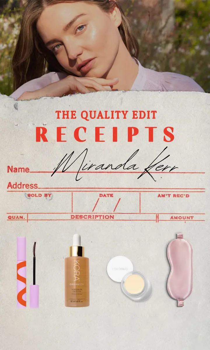 Miranda Kerr above a receipt with her name and four skincare and beauty products below it.
