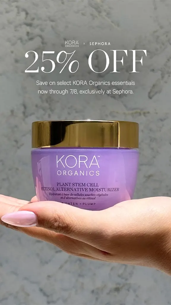 Hand holding purple jar of KORA Organics Plant Stem Cell moisturizer with 25% off Sephora sale text.