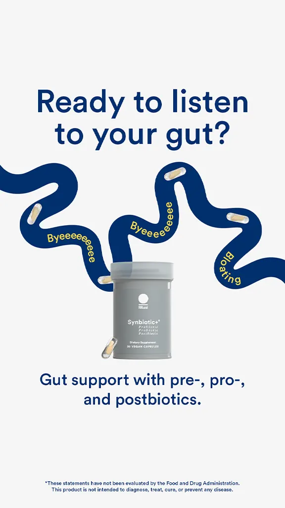 Container of Synbiotic+ capsules with text about gut support using prebiotics, probiotics, and postbiotics.