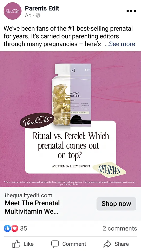 Parents Edit ad comparing prenatal vitamins Ritual vs Perelel with a bottle image and review mention.