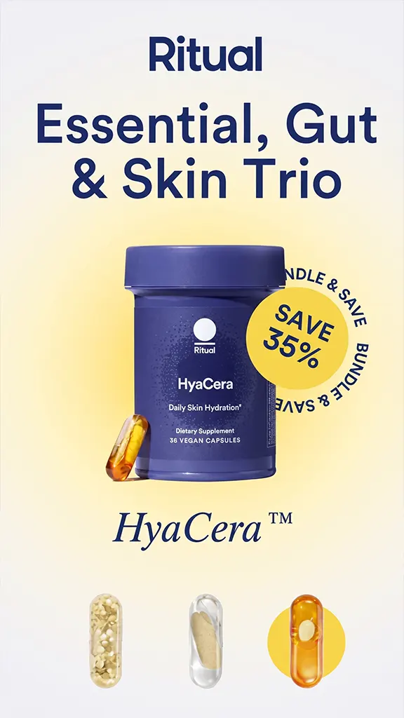 Ritual Essential Gut & Skin Trio with HyaCera capsules and bottle showing 35% savings offer.