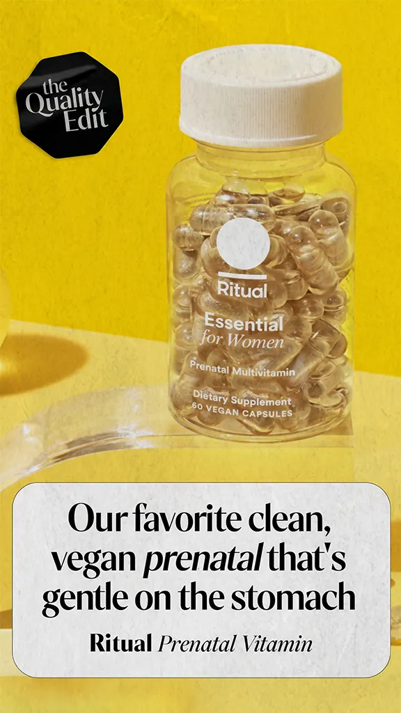 Bottle of Ritual Essential for Women prenatal vegan multivitamin capsules against yellow background.