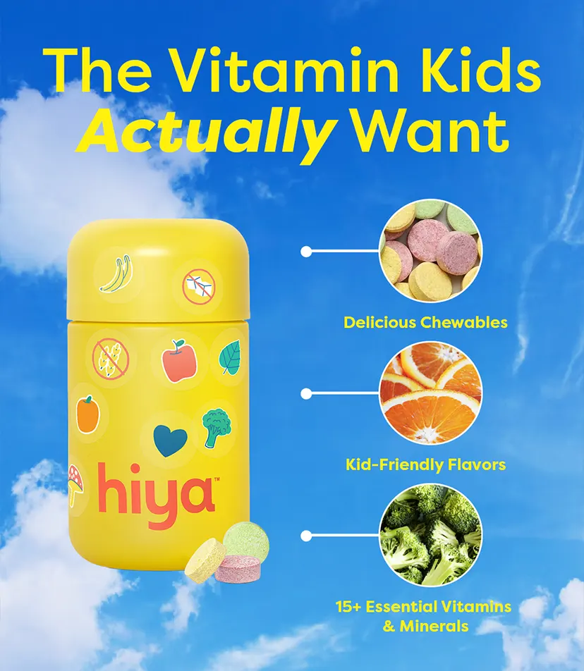 Yellow hiya vitamin bottle with fruit and veggie icons, text highlights chewables, flavors, vitamins.