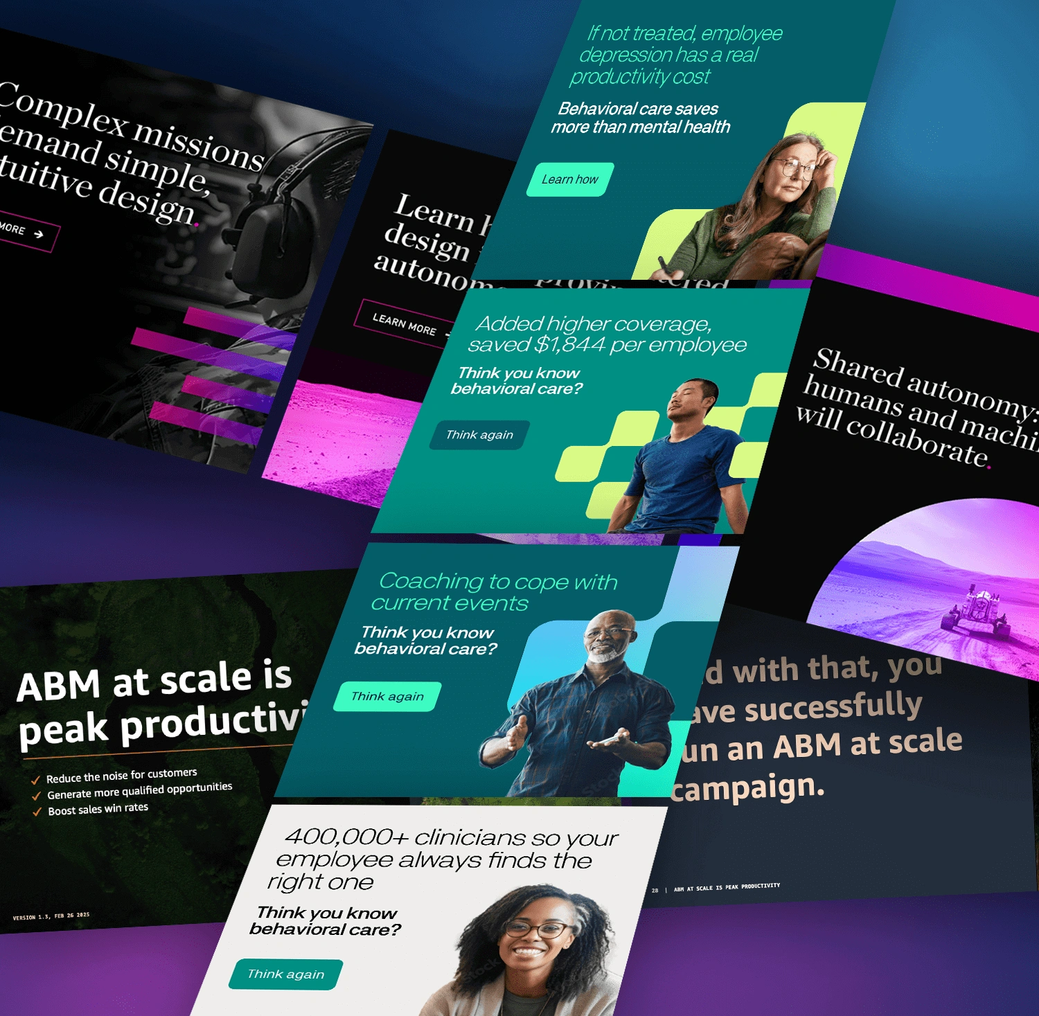 This composite image displays various digital ads, with a focus on Account-Based Marketing (ABM) and behavioral health, using bold text and compelling visuals.