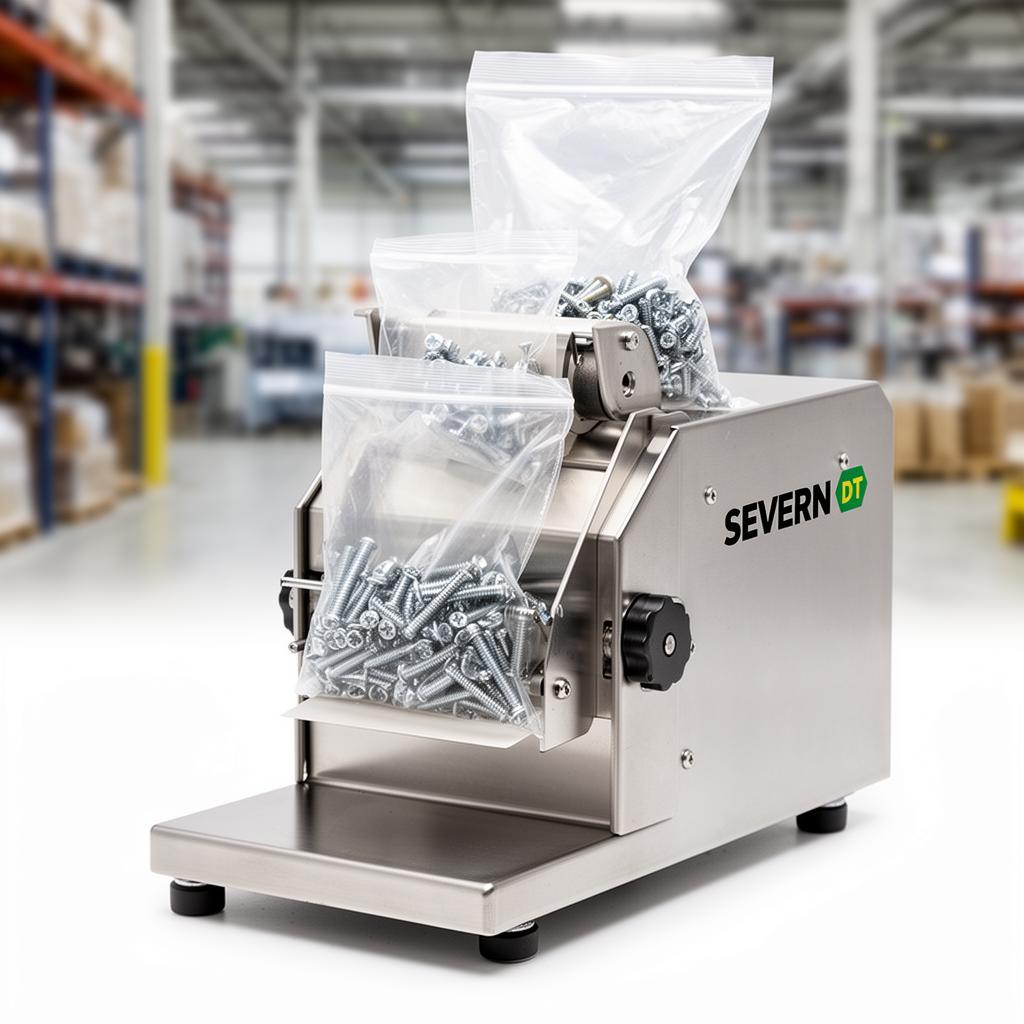 Severn DT industrial machine packaging screws in clear plastic bags in a warehouse setting.